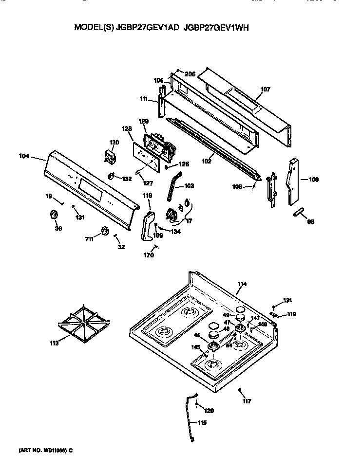 GE JGBP27GEV1AD cooktop and backsplash diagram