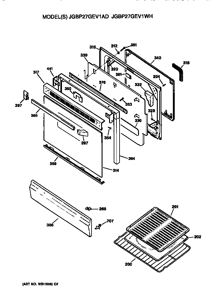 GE JGBP27GEV1AD oven door and broiler diagram