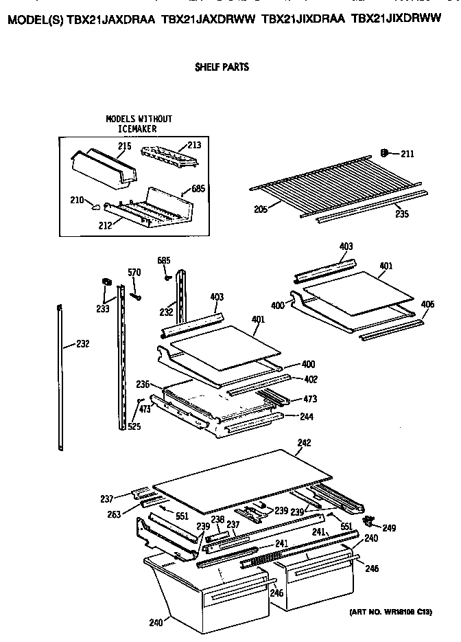 GE TBX21JIXDRAA shelves diagram