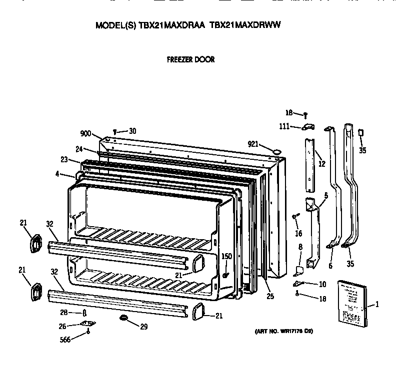 GE TBX21MAXDRAA freezer door diagram