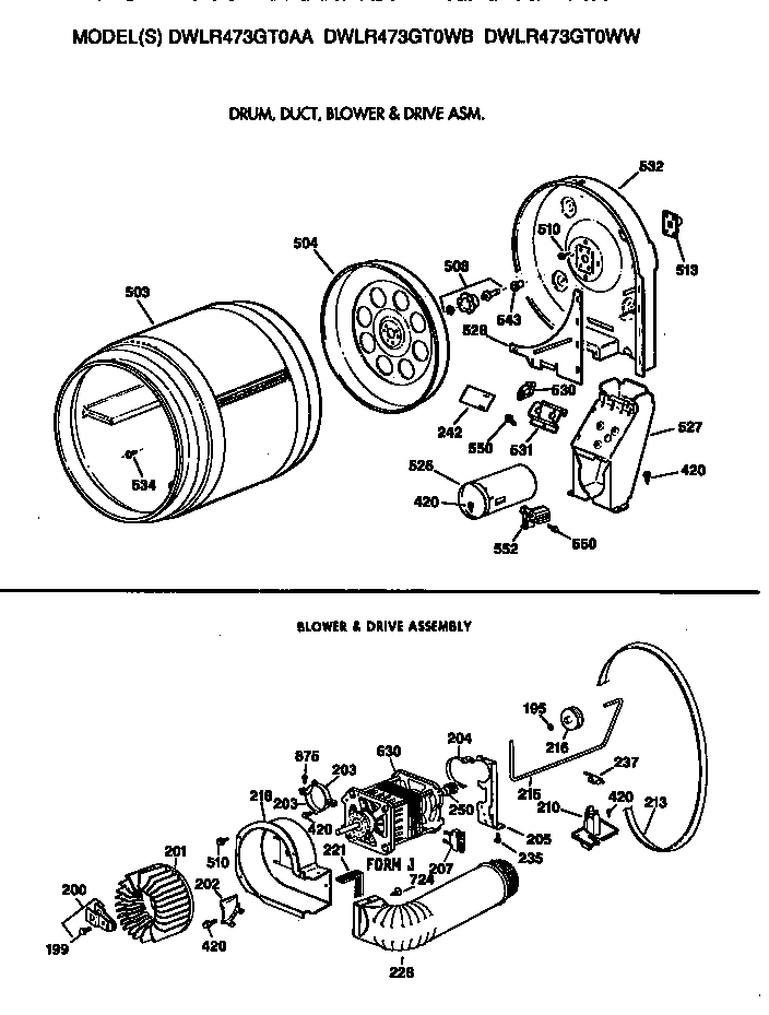GE DWLR473GT0WB drum, duct, blower and drive diagram