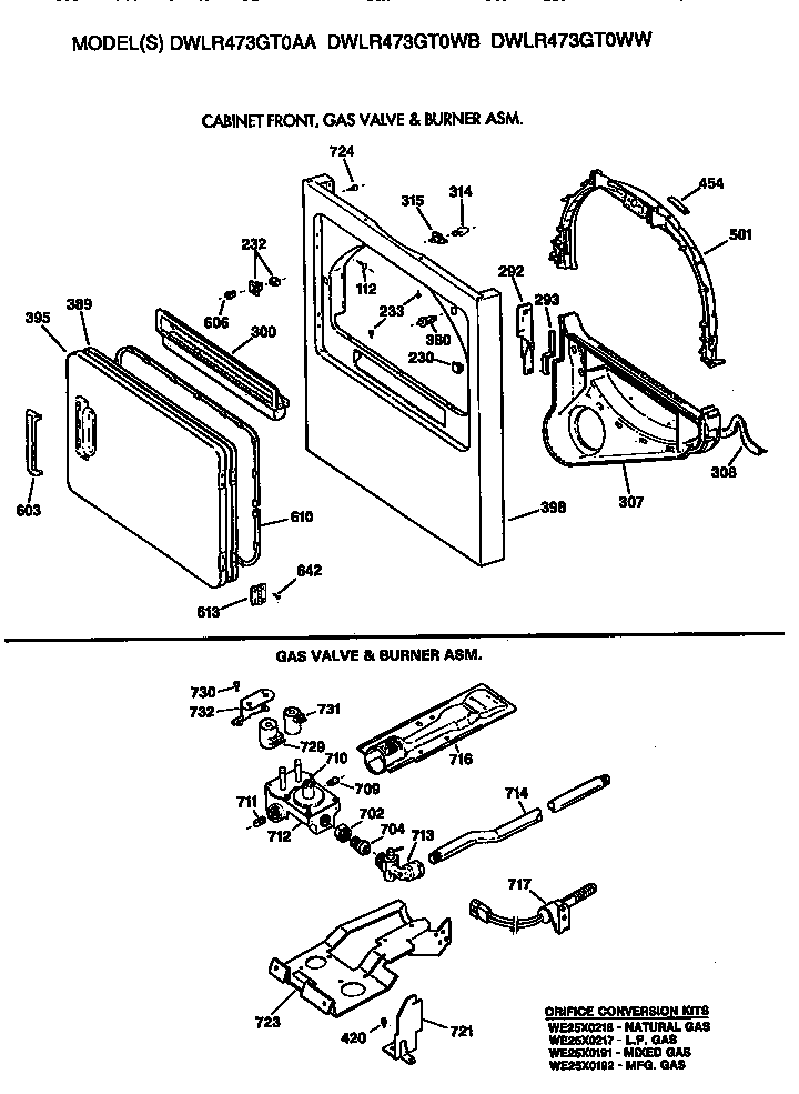 GE DWLR473GT0WB cabinet front, gas valve and burner diagram