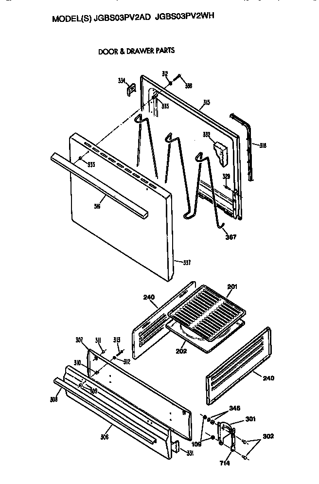 GE JGBS03PV2WH oven door and broiler diagram