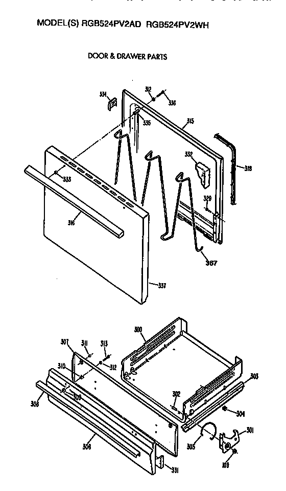Hotpoint RGB524PV2WH oven door and broiler diagram