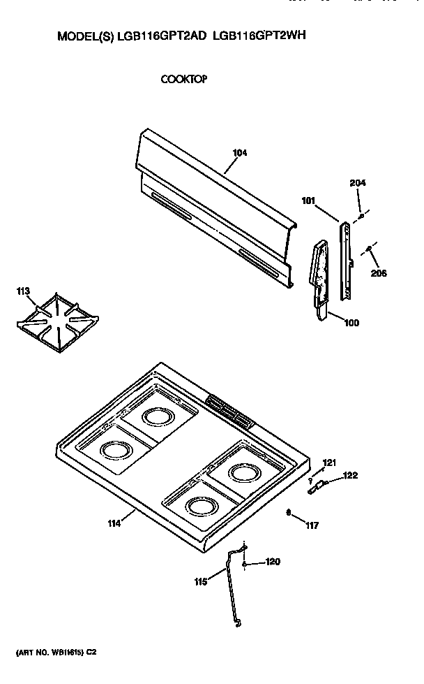 GE LGB116GPT2WH cooktop diagram