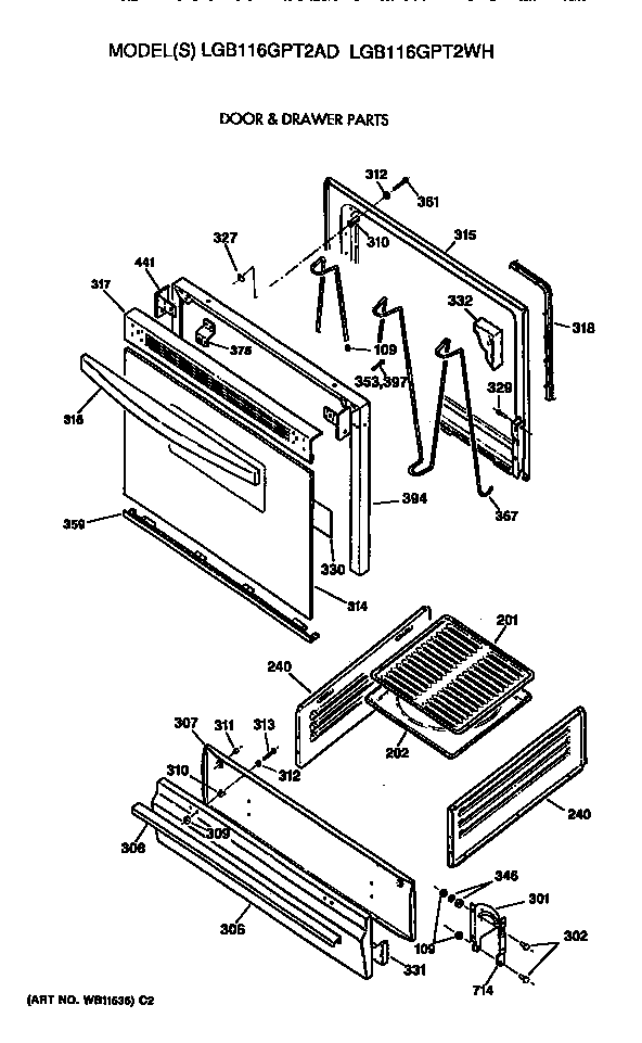 GE LGB116GPT2WH oven door and broiler diagram