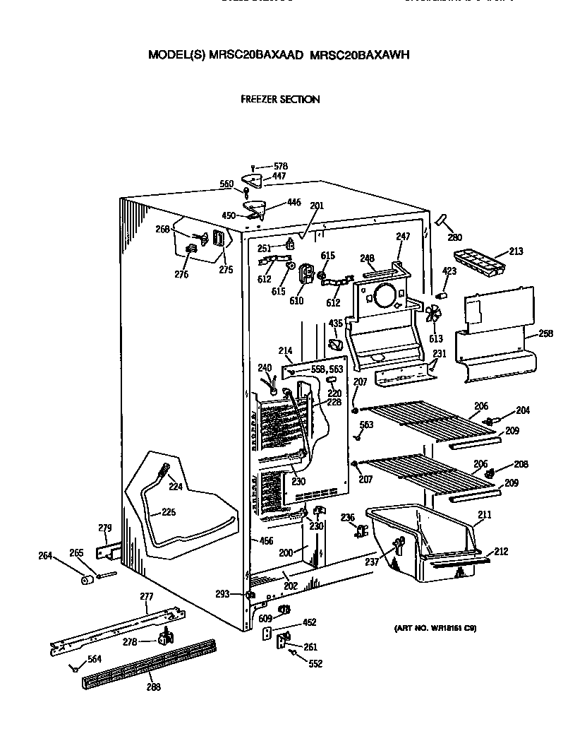 GE MRSC20BAXAWH freezer shelves diagram