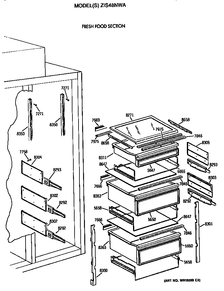 GE ZIS48NWA refrigerator shelves diagram