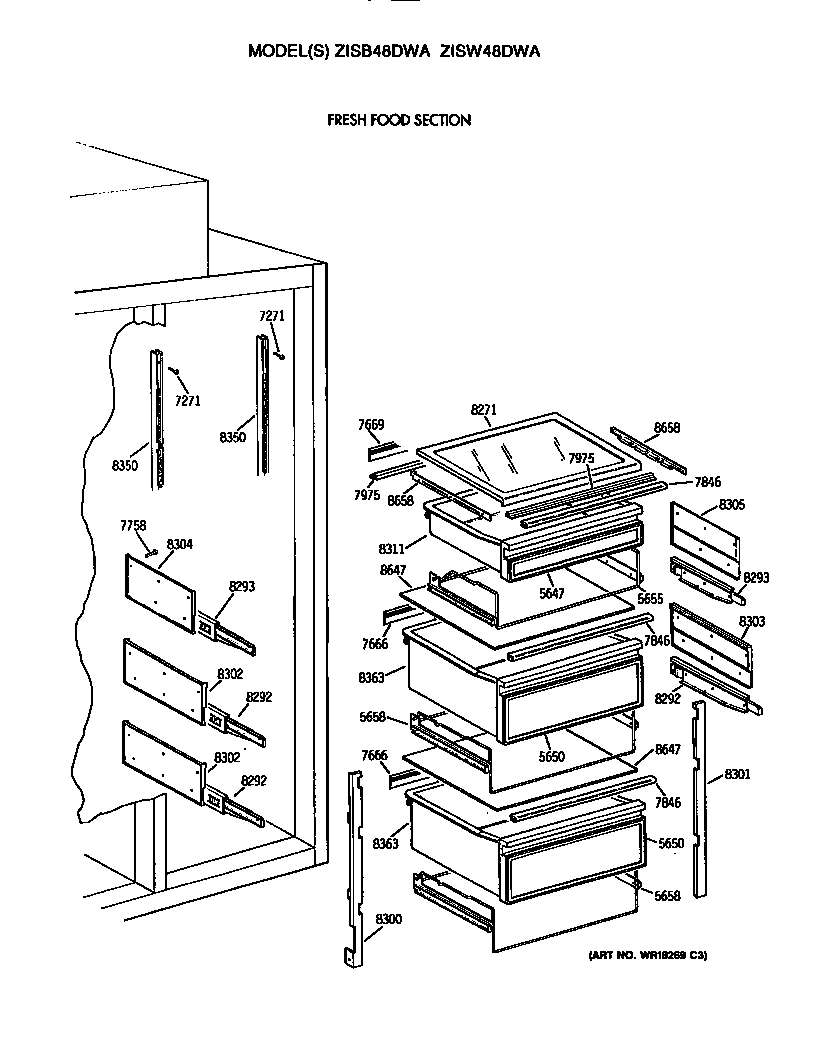 GE ZISW48DWA refrigerator shelves diagram