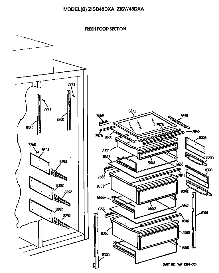 GE ZISB48DXA refrigerator shelves diagram