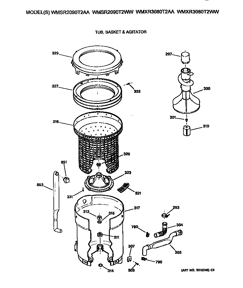 GE WMXR3080T2AA tub, basket and agitator diagram