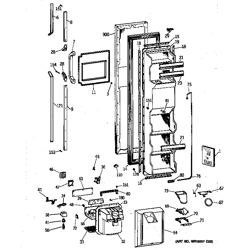 GE TFT25PRYAAA freezer door diagram