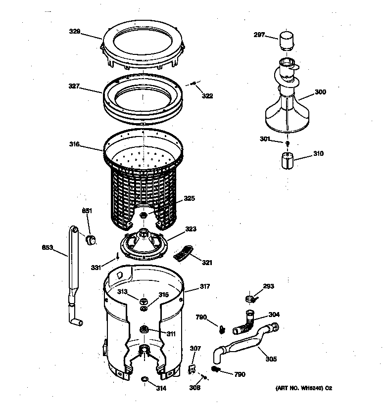 GE WMSR2090T5WW tub, basket & agitator diagram