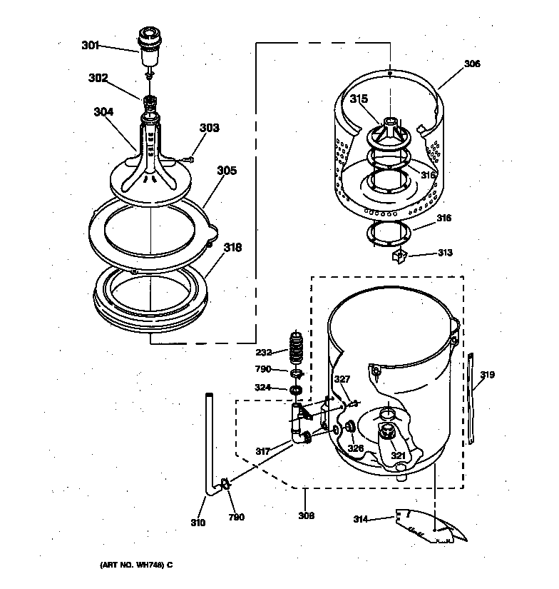 GE WSKP2060TA agitator, basket & tub parts diagram