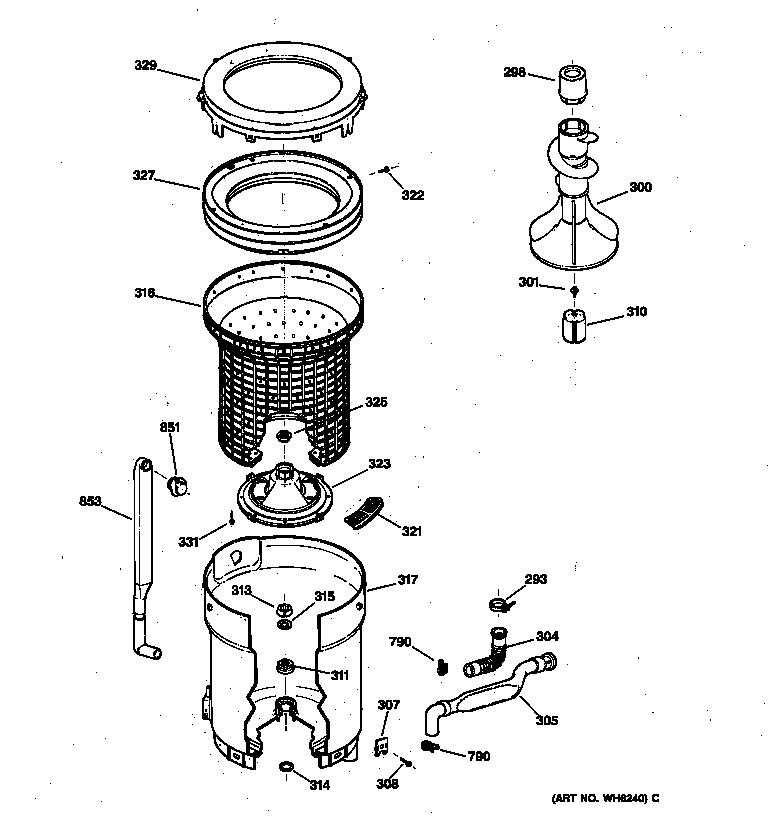 GE WISQ416JT5AA tub, basket & agitator diagram