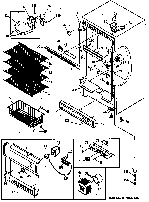 GE FF16DXARWH cabinet, controls & shelves diagram
