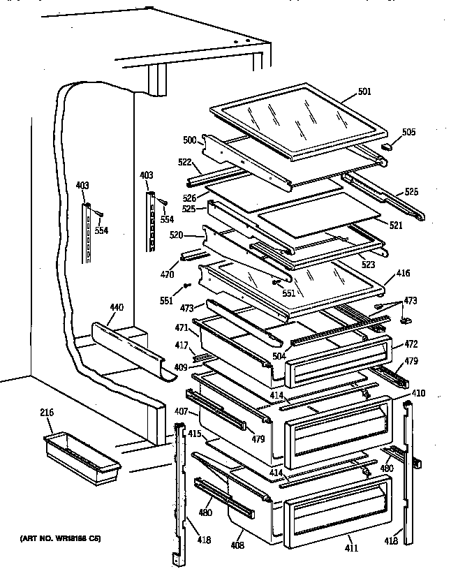 GE TPX24SIYEBS fresh food shelves diagram