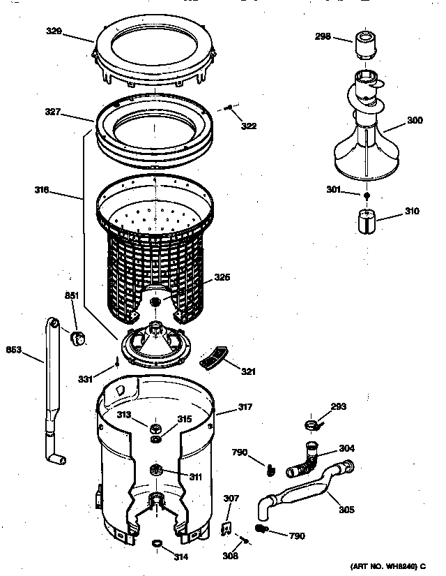GE WISQ416DT6WW tub, basket & agitator diagram