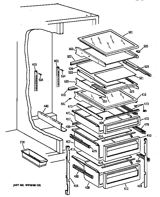 GE TFX25PAYFBB fresh food shelves diagram