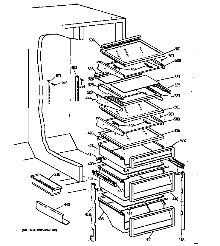GE TPX21PRXFBB fresh food shelves diagram