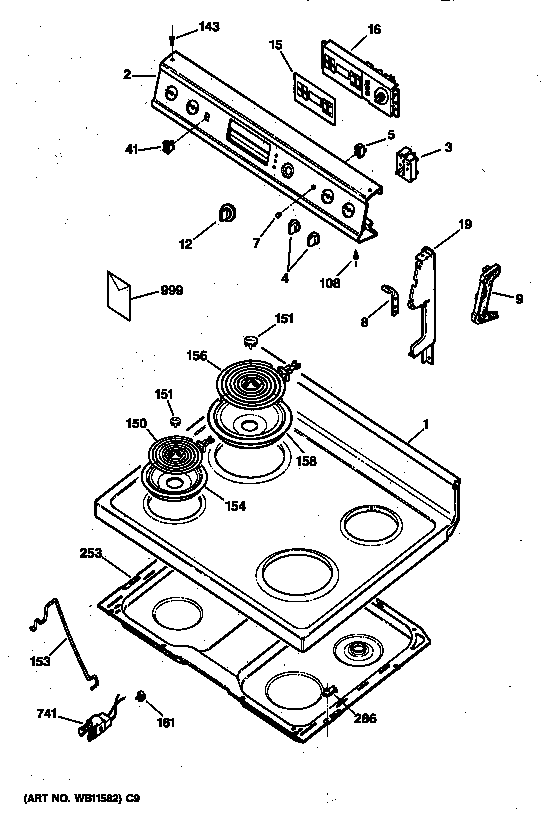 GE JBP24BY1 control panel & cooktop diagram