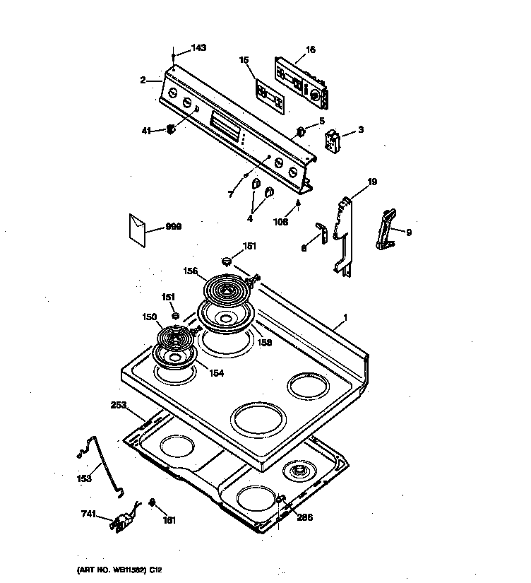 GE JBP48AA1 control panel & cooktop diagram