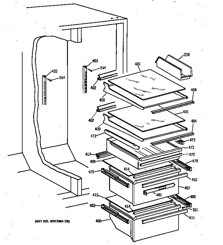 GE MSG27DHZBWW fresh food shelves diagram