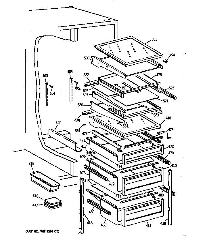 GE TPK24PFZAAA fresh food shelves diagram
