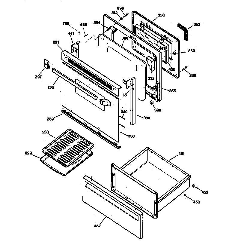 GE JBP24GW1 door & drawer parts diagram
