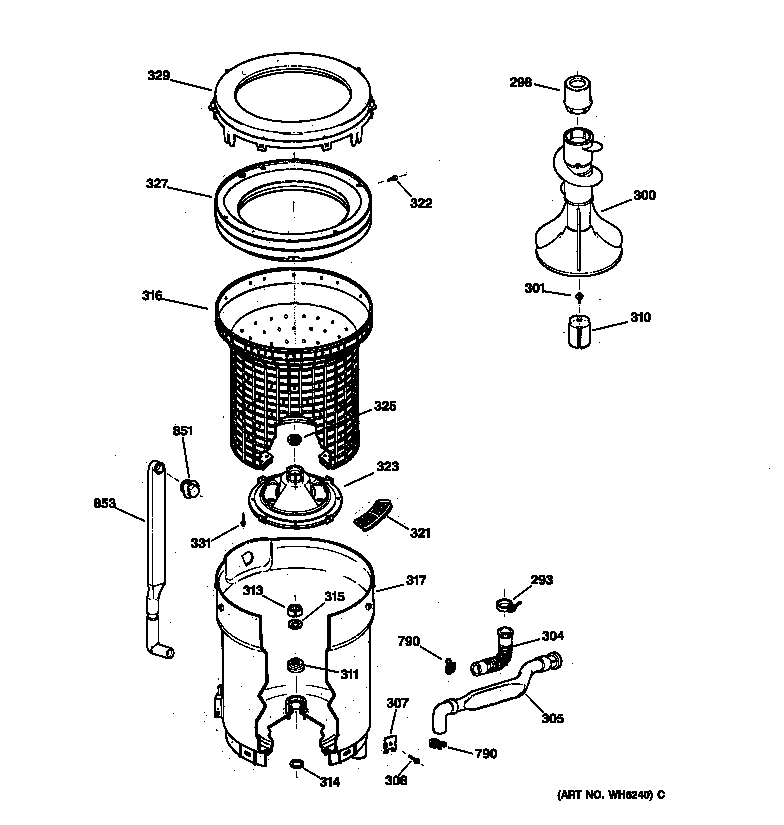 GE WPSF4170V0WW tub, basket & agitator diagram