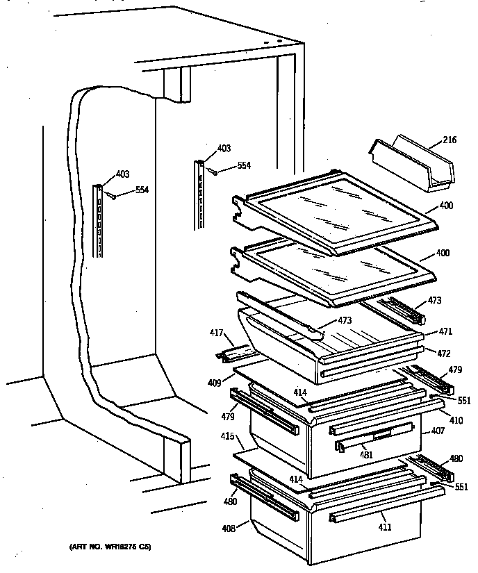 GE TFX25ZPZBWW fresh food shelves diagram
