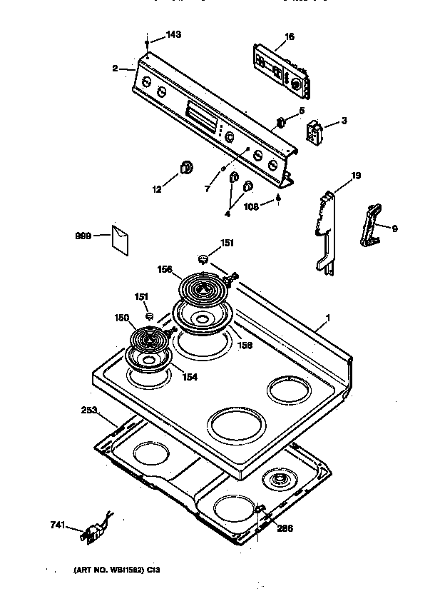 GE JBP19BY2 control panel & cooktop diagram