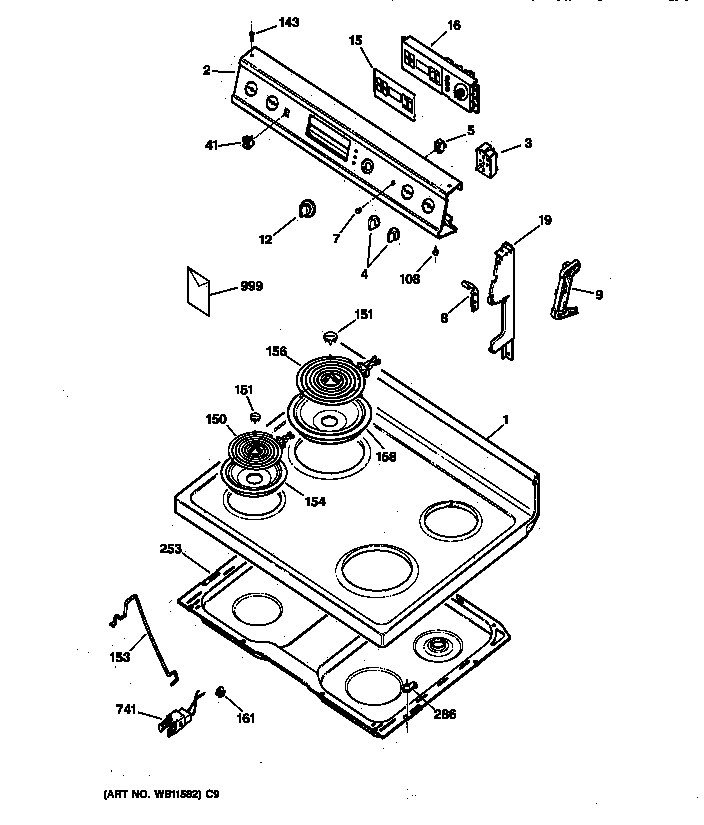 GE JBP26BY2 control panel & cooktop diagram