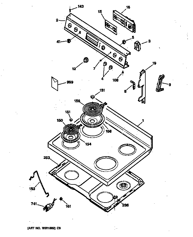 GE JBP24BY2 control panel & cooktop diagram