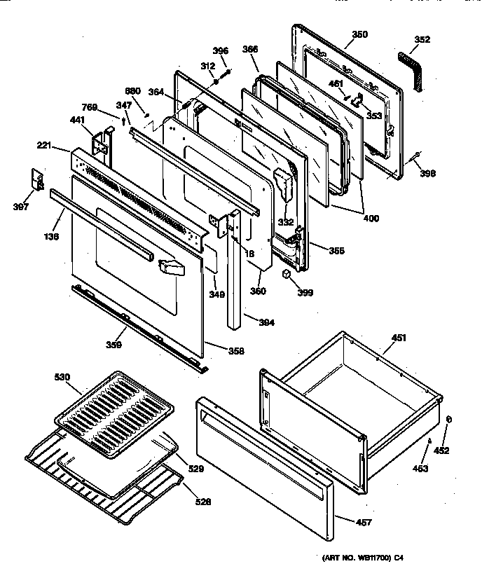 GE JBP48BA1 door & drawer parts diagram