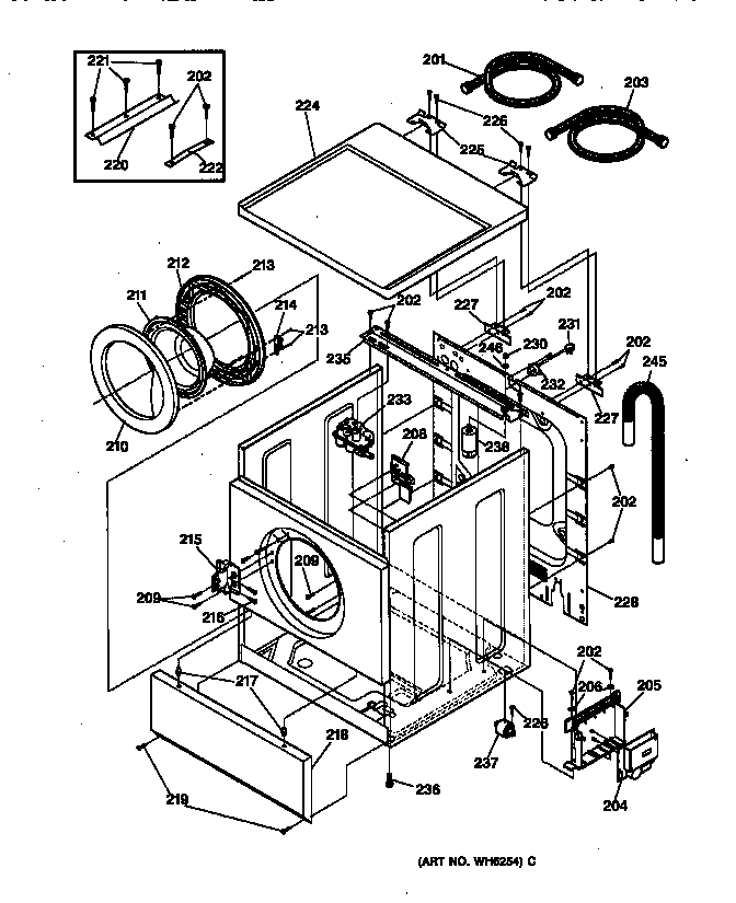 GE WSXH208T0WB cabinet, door & top diagram