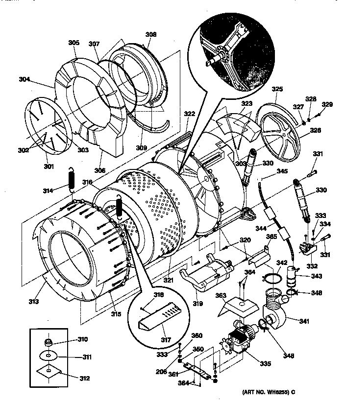 GE WSXH208T0WB tub & motor diagram
