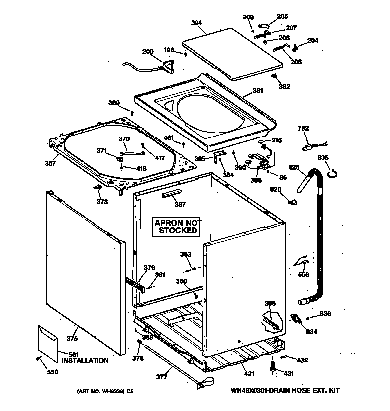 GE WCSR4110T6AA cabinet, cover & front panel diagram