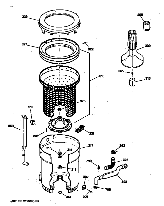 GE YJSR2070T6WW tub, basket & agitator diagram