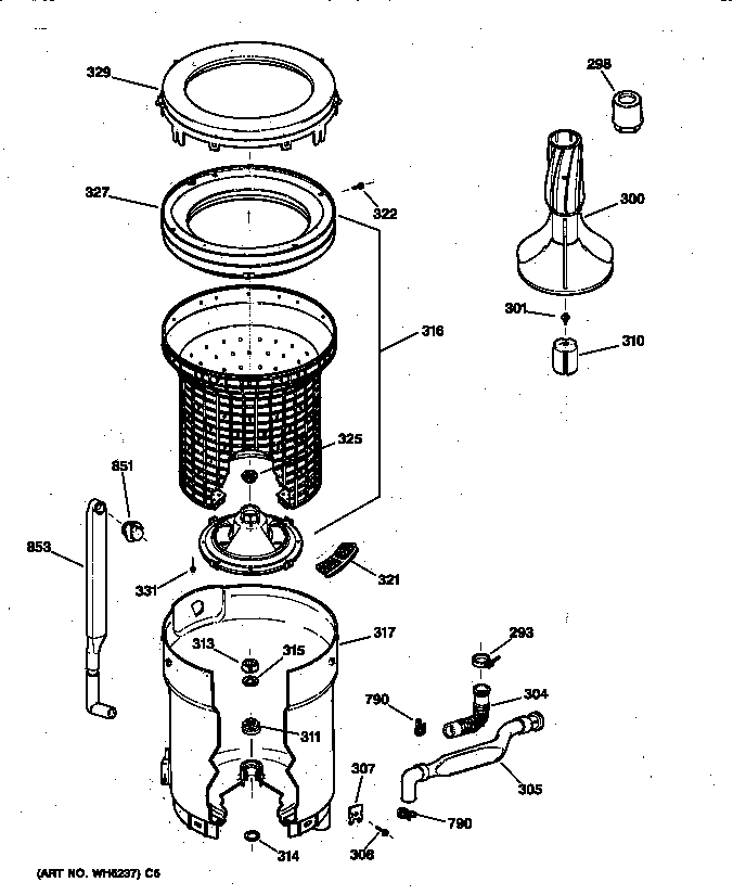 GE YISR309JT6AA tub, basket & agitator diagram