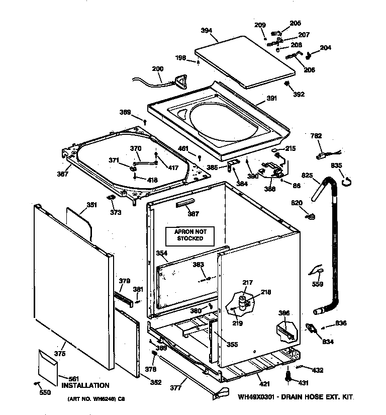 GE WISQ416AT7WW cabinet, cover & front panel diagram