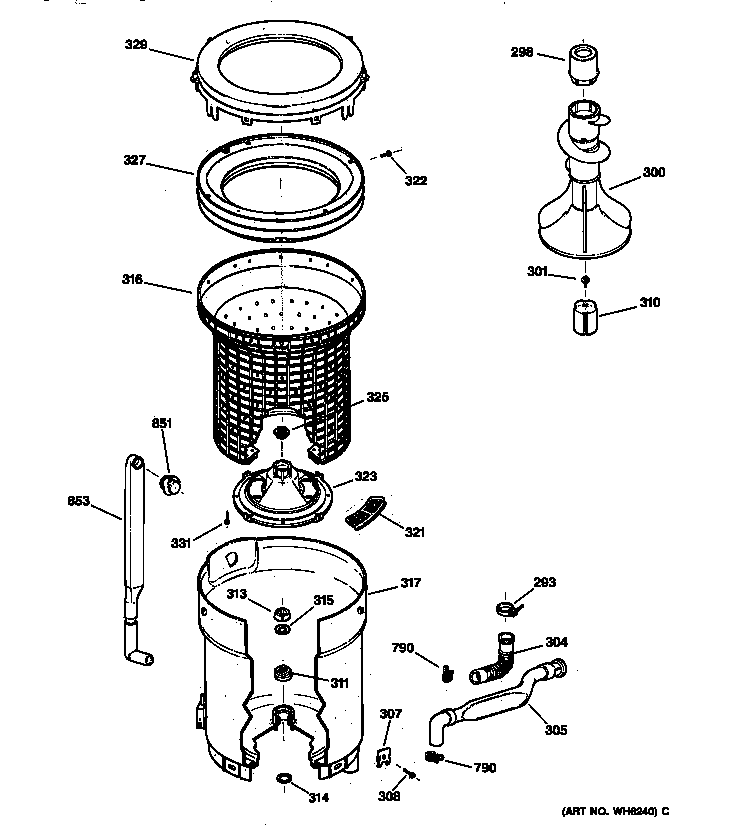 GE WISQ416AT7WW tub, basket & agitator diagram