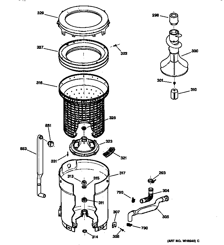 GE WWXR4100T8WB tub, basket & agitator diagram