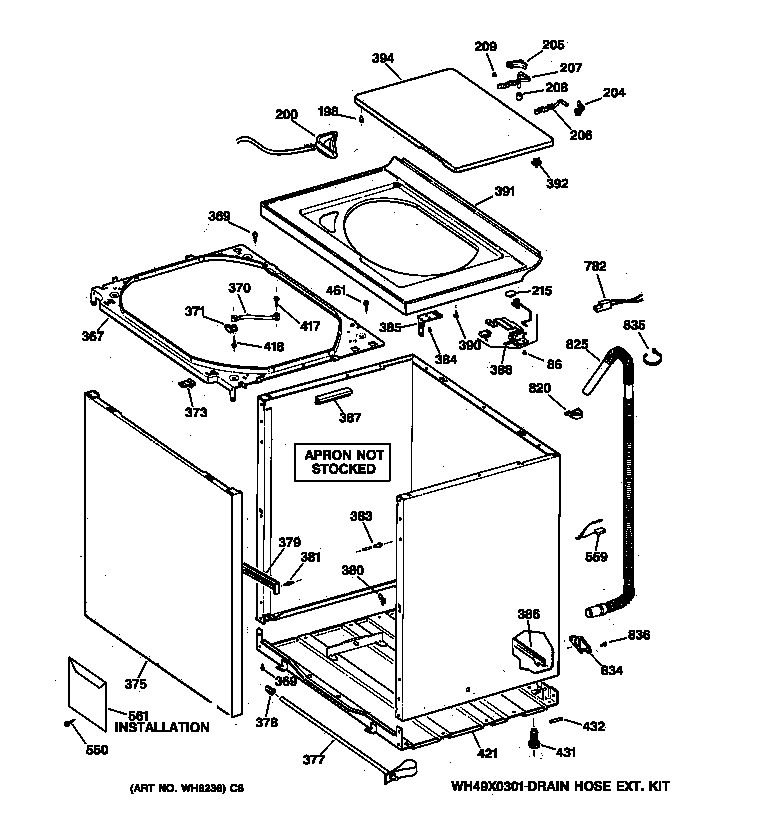 GE WNSR2100T8AA cabinet, cover & front panel diagram