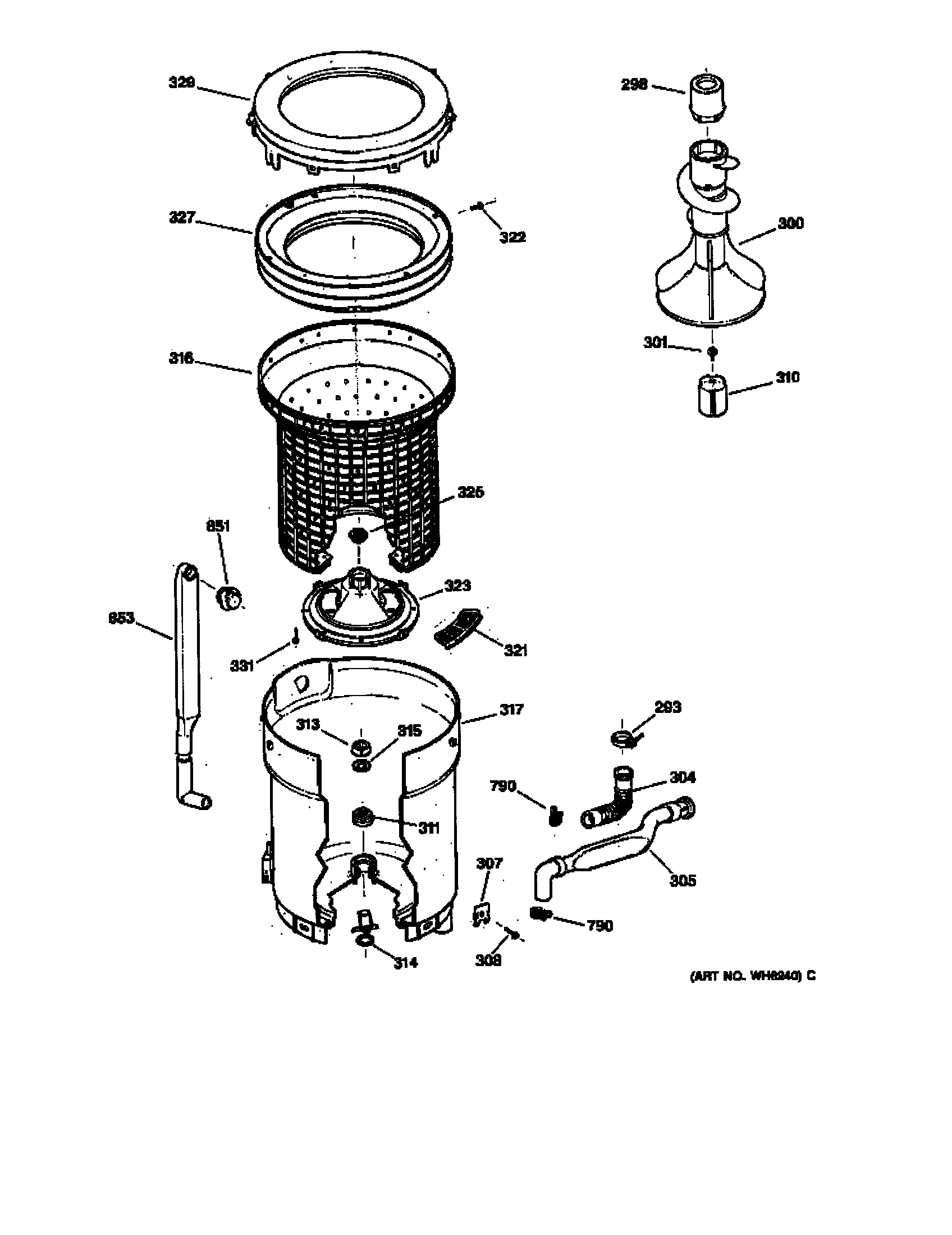 GE WNSR2100T8AA tub, basket & agitator diagram