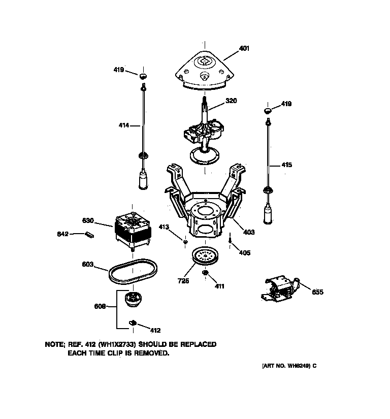 GE WNSR2100T8AA suspension, pump & drive components diagram