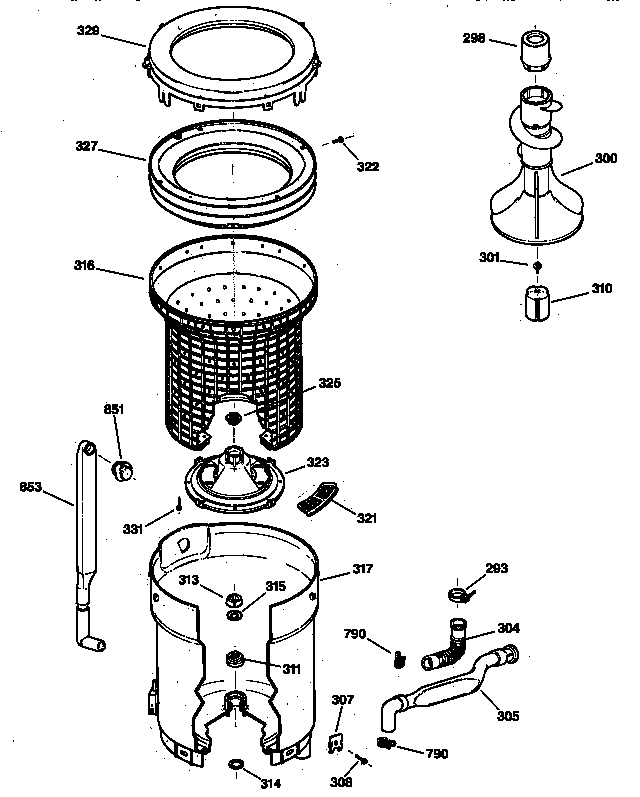 GE WPXQ3090T8AA tub, basket & agitator diagram