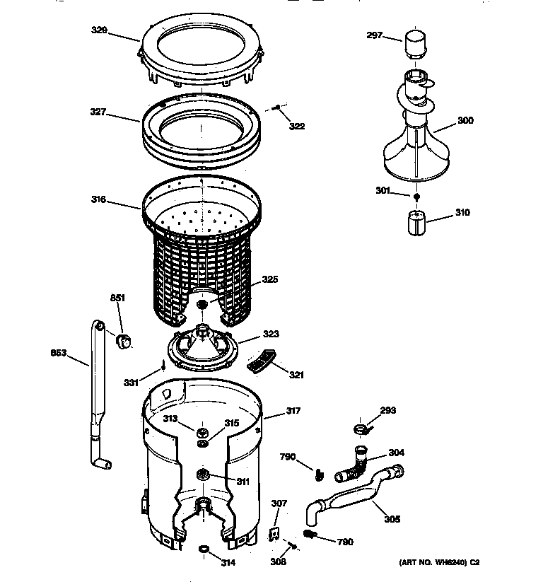 GE WMXR3080T8WW tub, basket & agitator diagram
