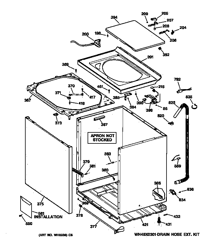 GE WDSR4110T8AA cabinet, cover & front panel diagram