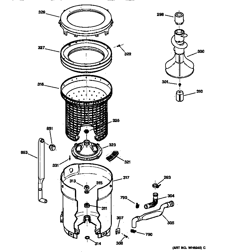 GE WDSR4110T8AA tub, basket & agitator diagram
